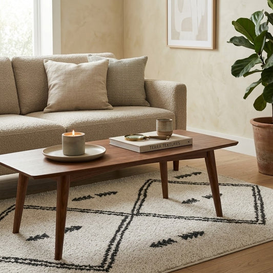 Tapis berbère Beni Ouarain ivoire et noir dans un salon avec table basse en bois