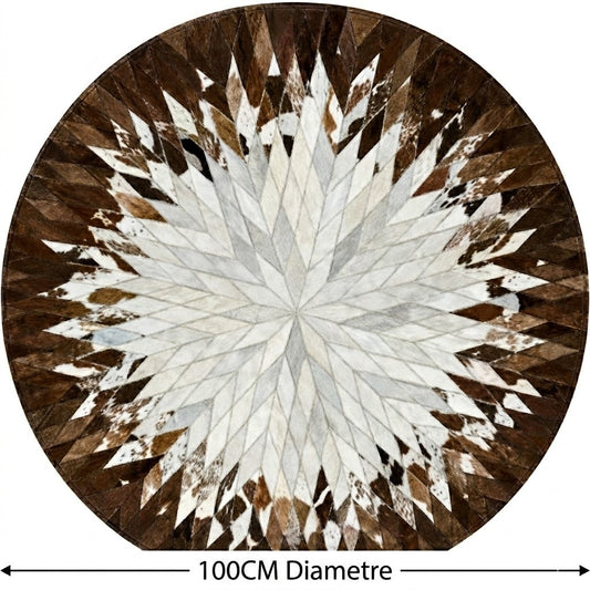 Tapis en cuir marron et blanc rond patchwork étoile diamètre 100 cm fond blanc