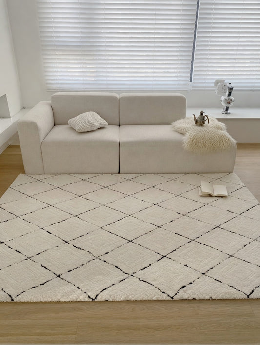 Tapis Berbère Beni Ourain blanc noir résille losanges ambiance salon minimaliste – Berbère Tapis