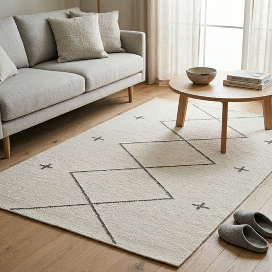 Tapis Berbère Beni Ourain écru gris losanges croix touffeté ambiance salon parquet – Berbère Tapis
