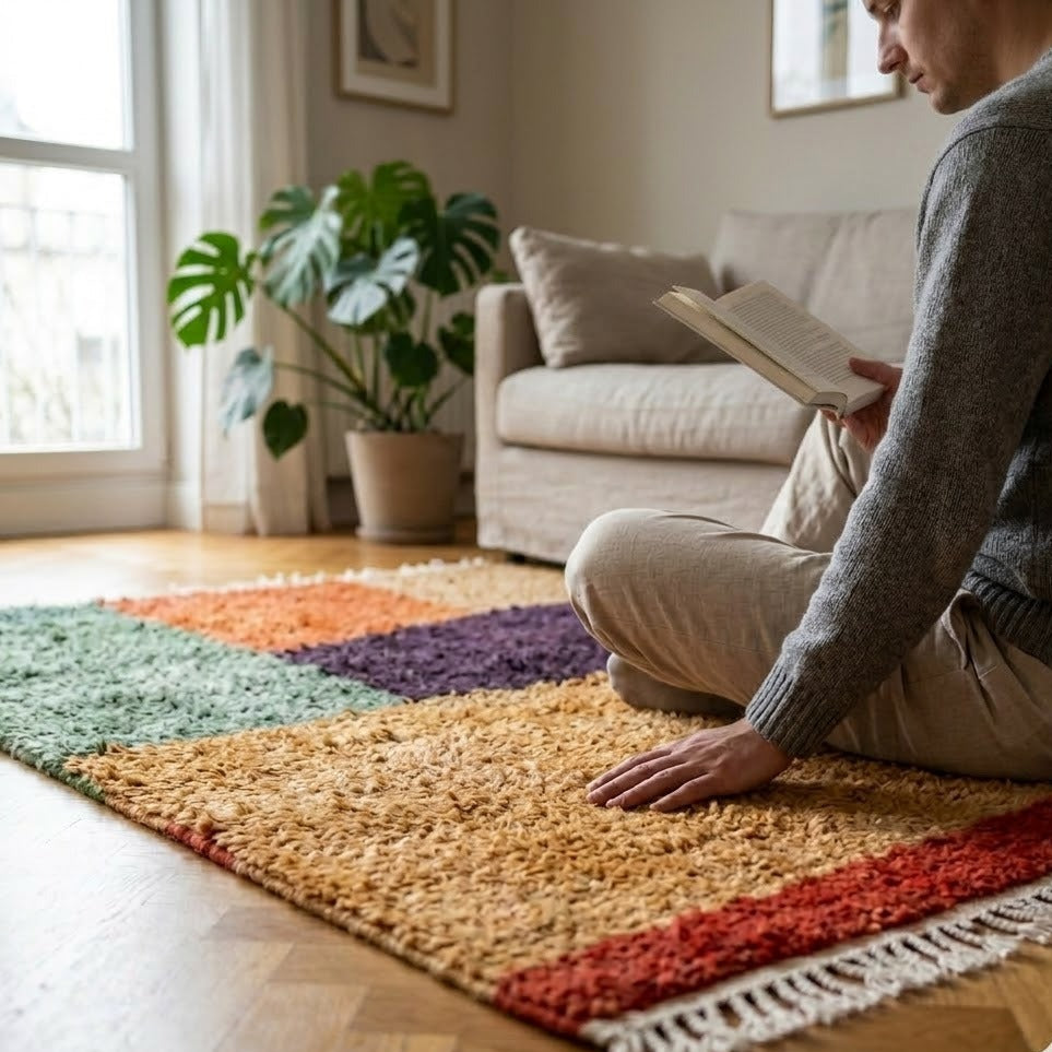 Tapis Berbère Boujad blocs vert orange ocre noir rouge brique vue de face – Berbère Tapis