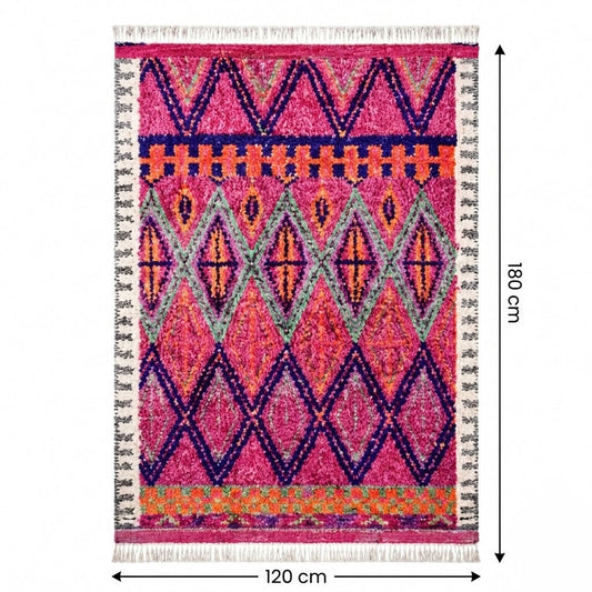 Tapis Berbère Mrirt rose fuchsia 120x180 cm losanges touffeté à franges – Berbère Tapis