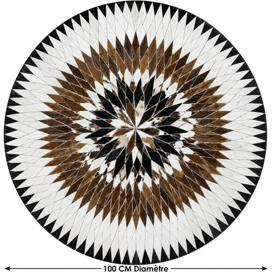 Tapis en Cuir rond étoile concentrique blanc marron noir ambiance salon – Berbère Tapis