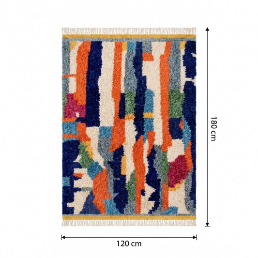 Tapis Berbère Boujad multicolore 120x180 cm bandes abstraites franges lisière ocre – Berbère Tapis