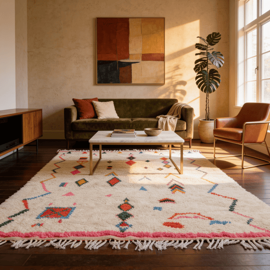 Tapis Berbère Azilal Blanc Multicolores Bords Rose