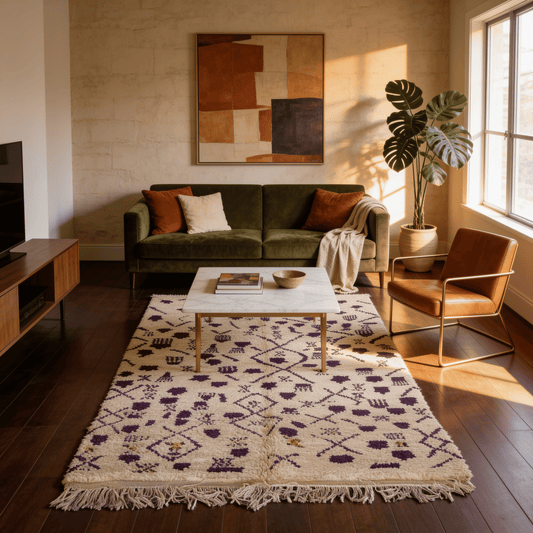 Tapis Berbère Beni Ouarain Ivoire à Motifs Violets