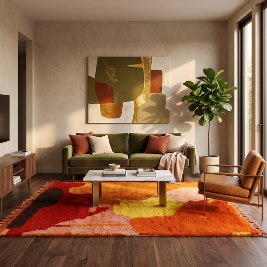 Tapis Berbère Azilal blanc à motifs fluo en situation dans un salon moderne