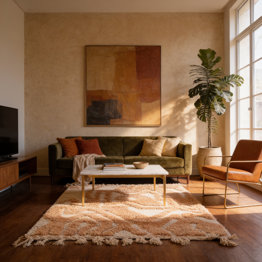 Tapis Berbère beige à reliefs Béni Ouarain en situation dans un salon moderne