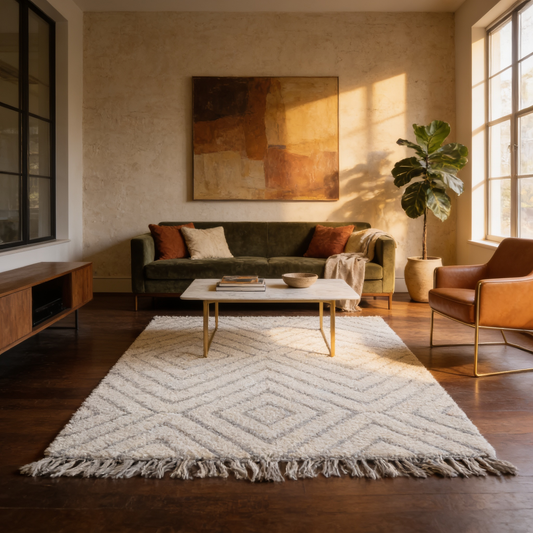 Tapis Berbère Beni Ouarain blanc à losanges en situation dans un salon moderne