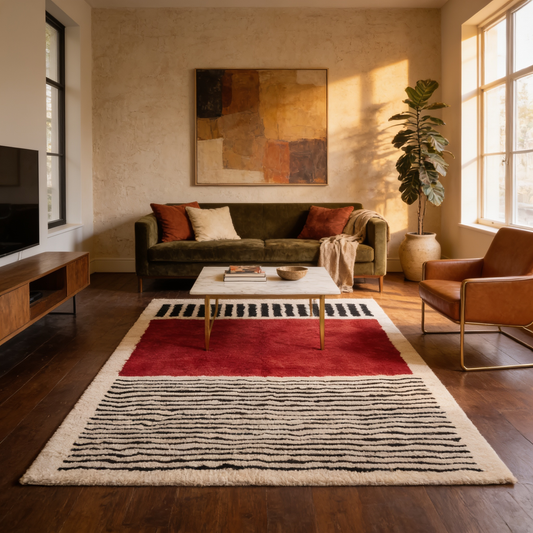 Tapis Berbère Beni Ouarain shaggy rouge bordeaux en situation dans un salon moderne