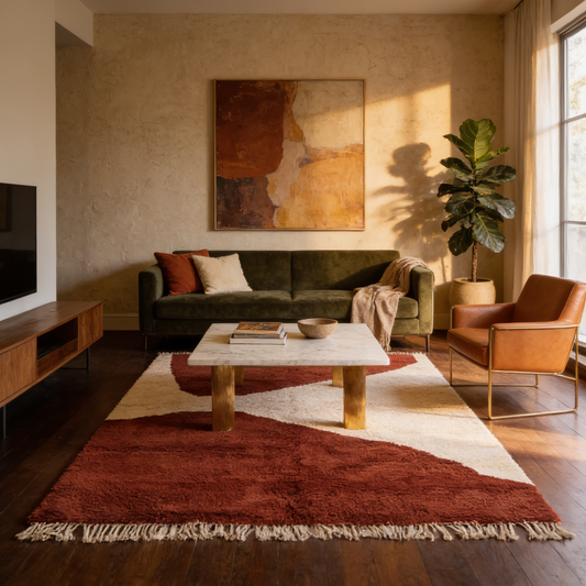 Tapis Berbère Beni Ouarain shaggy rouge intense en situation dans un salon moderne