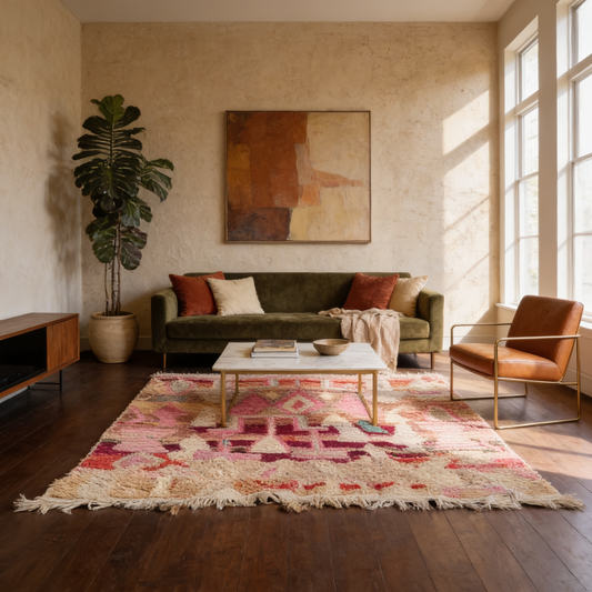 Tapis Berbère Boujad coloré violet rose terracotta et beige en situation dans un salon moderne