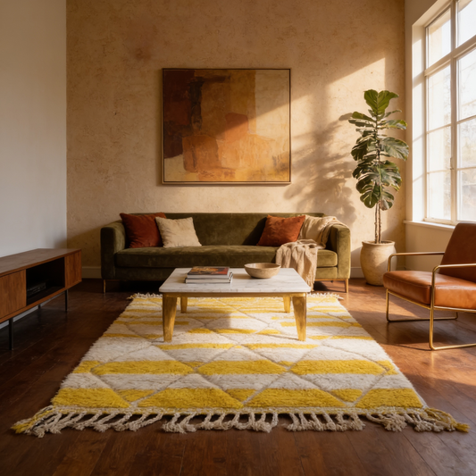 Tapis Berbère Béni Ouarain blanc et jaune à damiers en situation dans un salon moderne