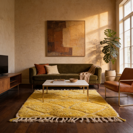 Tapis Berbère Béni Ouarain jaune en situation dans un salon moderne