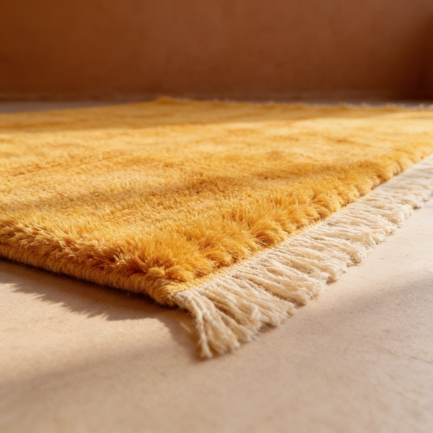 Tapis Berbère Mrirt coloré jaune d'or - gros plan sur l'épaisseur du poil