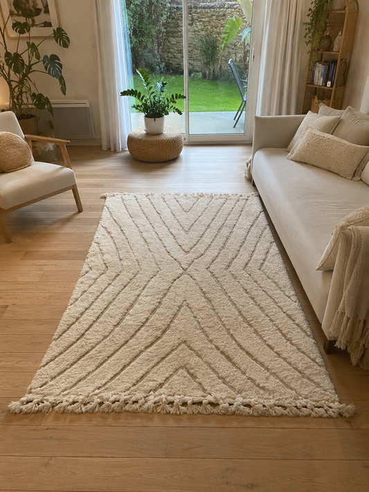 Tapis berbère Beni Ouarain blanc crème en laine à motifs géométriques en relief, vue de face, fait main au Maroc