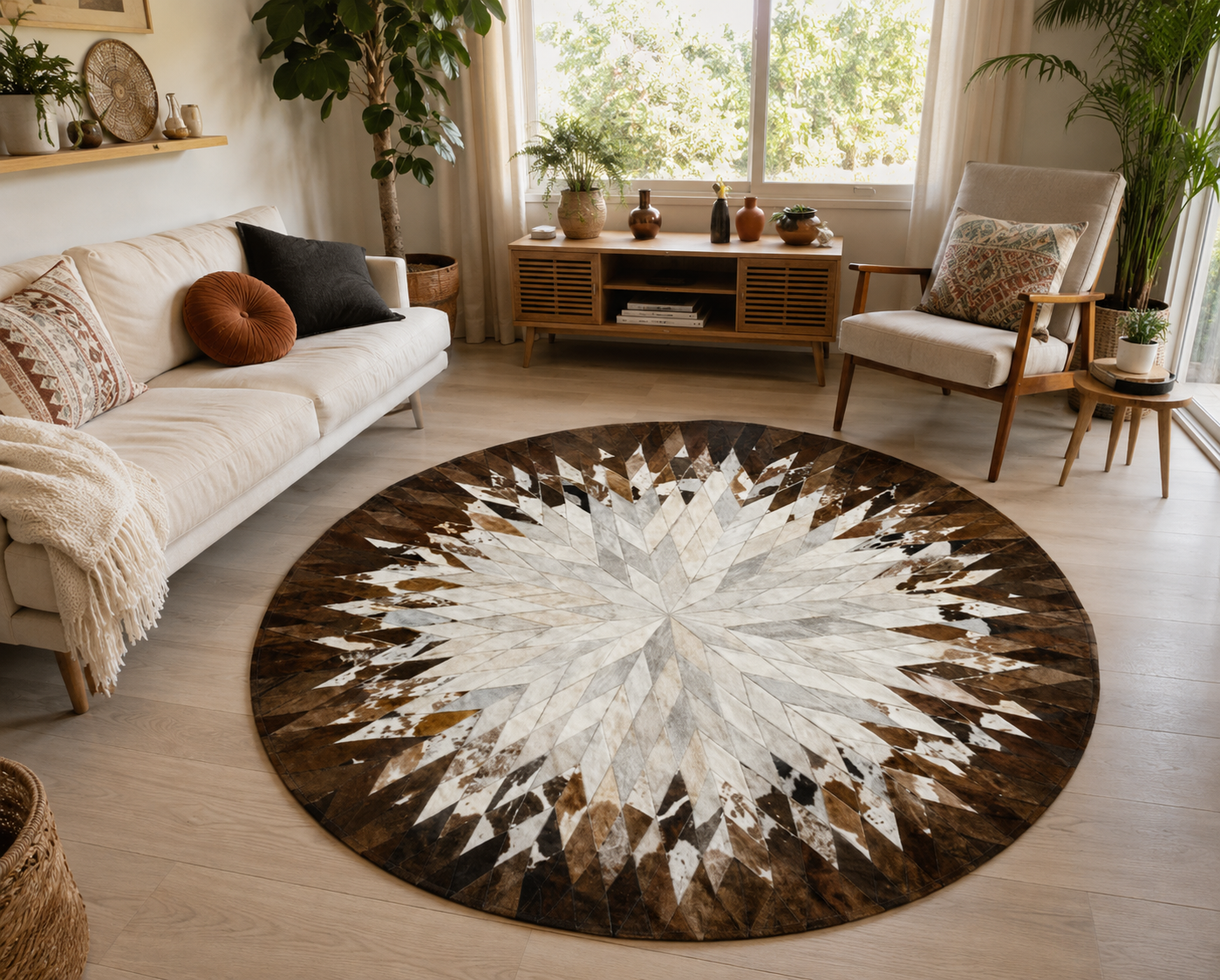 Tapis en cuir rond marron et blanc, patchwork à motif étoile géométrique, vue de face, fait main au Maroc
