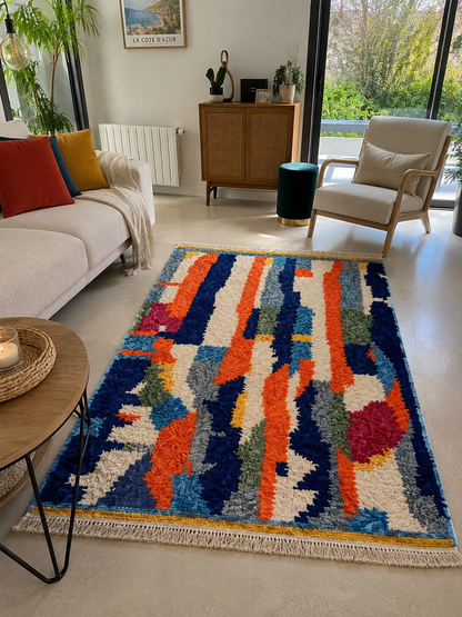 Tapis berbère Boujaad à bandes abstraites multicolores (bleu, orange, écru), franges, vue de face, fait main au Maroc