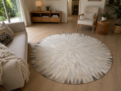 Tapis en cuir rond beige et gris, patchwork à motif étoile géométrique, vue de face, fait main au Maroc