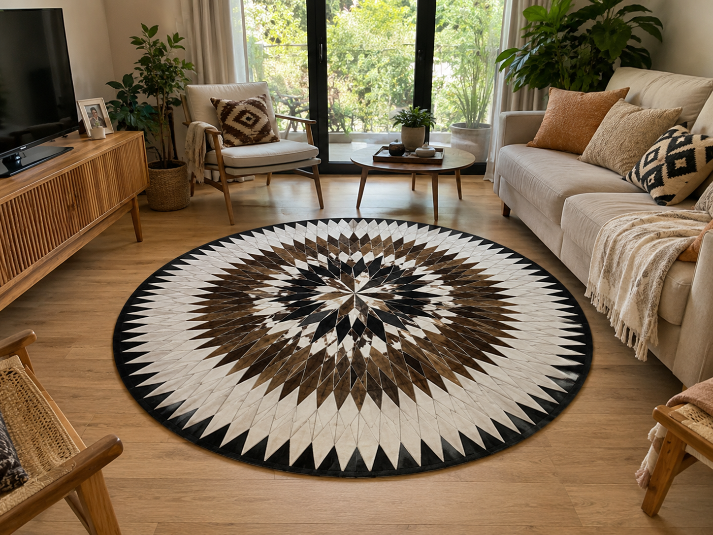 Tapis en cuir rond, patchwork étoile rayonnante blanc, marron bringé et noir, vue de face, fait main au Maroc