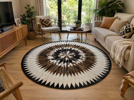 Tapis en cuir rond, patchwork étoile rayonnante blanc, marron bringé et noir, vue de face, fait main au Maroc