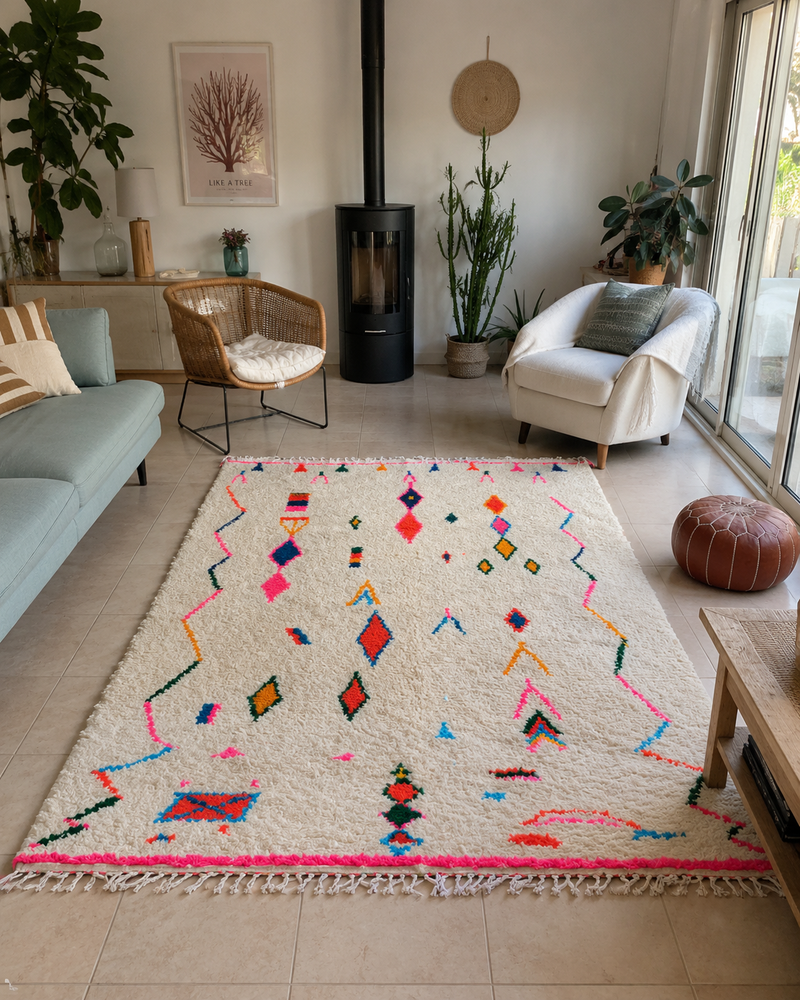 Tapis Azilal Blanc Multicolores Bords Rose | Fait Main Maroc
