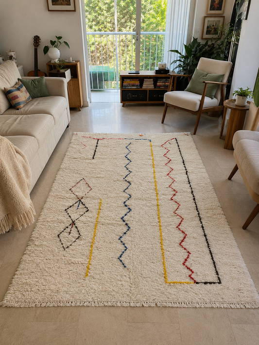 Tapis berbère Azilal blanc à poils longs et motifs géométriques colorés, vue de face, fait main au Maroc