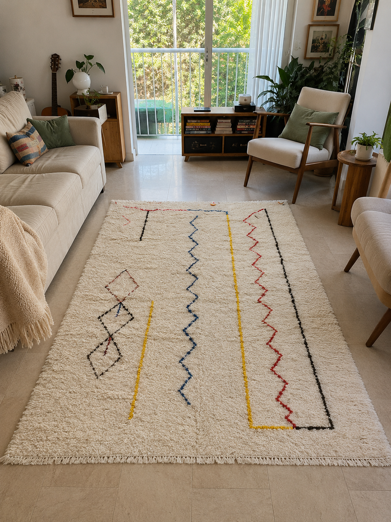 Tapis Azilal Blanc à Poils Longs - Motifs Géométriques Colorés