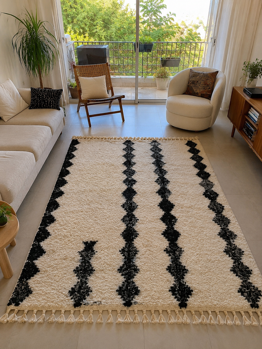 Tapis berbère Beni Ouarain classique ivoire à losanges noirs, vue de face, fait main au Maroc