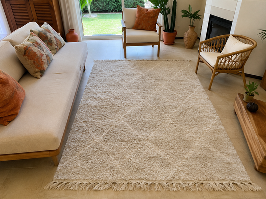 Grand tapis berbère crème à losanges tonaux ivoire sur fond naturel, vue de face, fait main au Maroc
