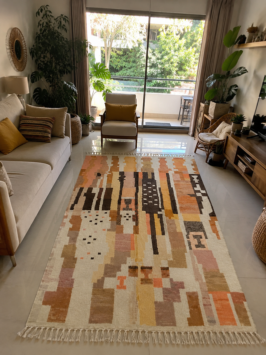 Tapis berbère Beni Ouarain coloré multicolore à motifs géométriques chauds (orange, brun, rose), vue de face, fait main au Maroc