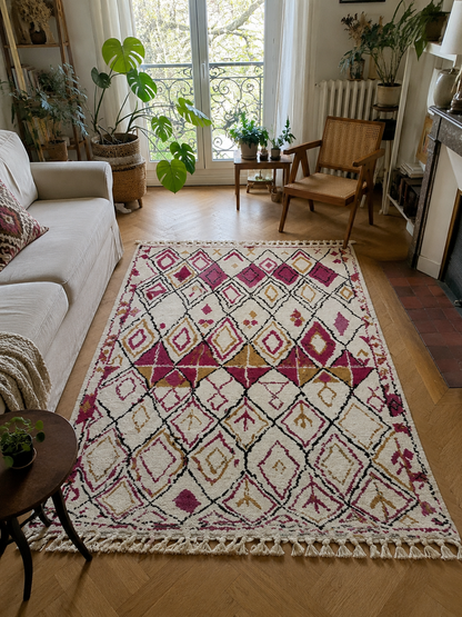 Tapis berbère Azilal écru à losanges rose fuchsia et ocre, franges, vue de face, fait main au Maroc