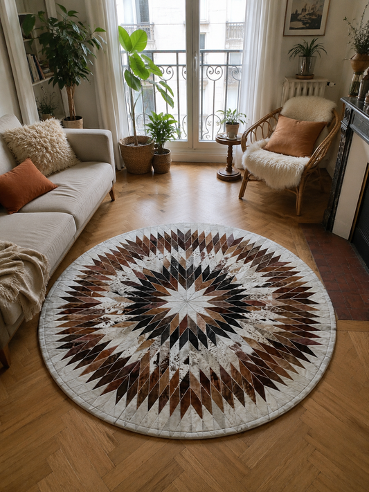 Tapis en cuir rond multicolore, patchwork à motif étoile géométrique (blanc, marron, noir), vue de face, fait main au Maroc