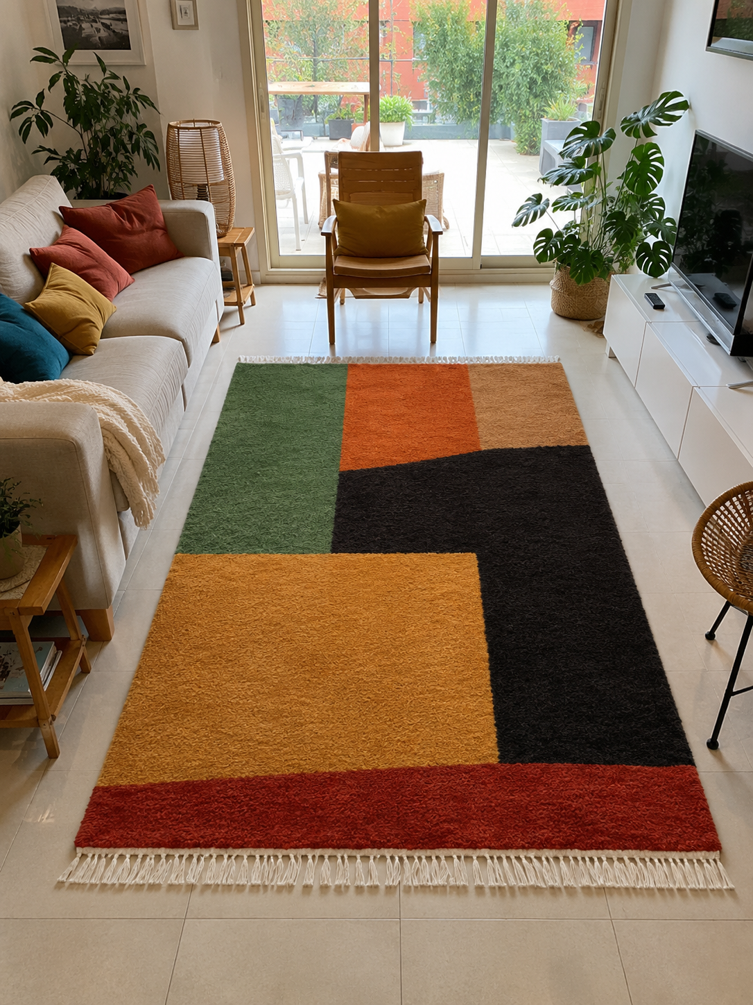Tapis berbère Boujaad à blocs géométriques multicolores, franges, vue de face, fait main au Maroc