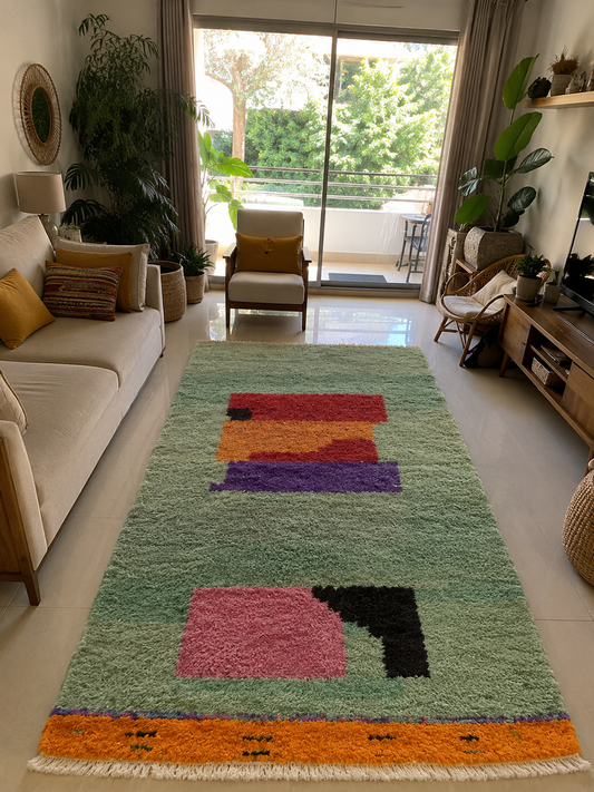 Tapis marocain coloré à motifs abstraits multicolores, vue de face, fait main au Maroc
