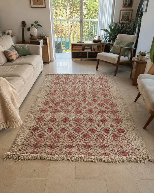 Tapis berbère Beni Ouarain rose à losanges en laine, vue de face, fait main au Maroc