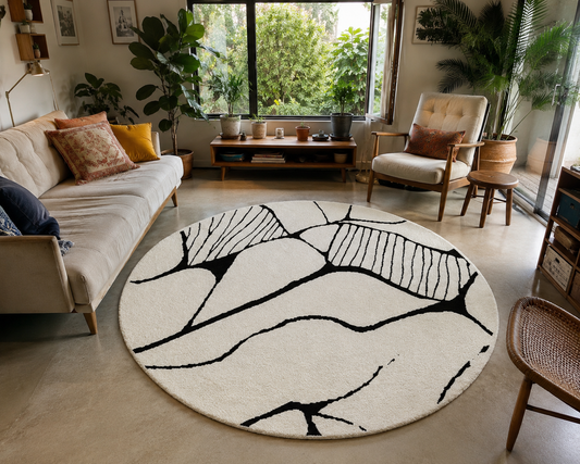 Tapis berbère Beni Ouarain rond à lignes organiques noires sur écru, touffeté, vue de dessus, fait main au Maroc
