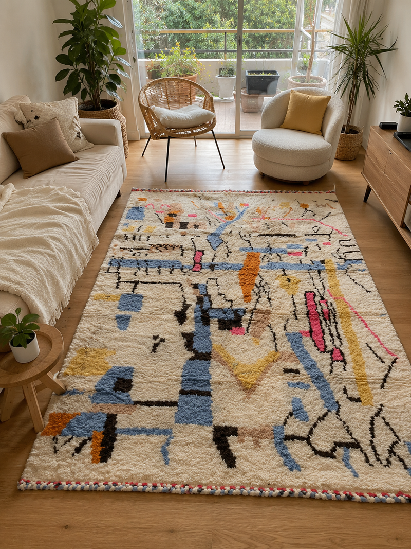 Tapis Azilal Blanc à Poils Longs - Motifs Colorés Abstraits