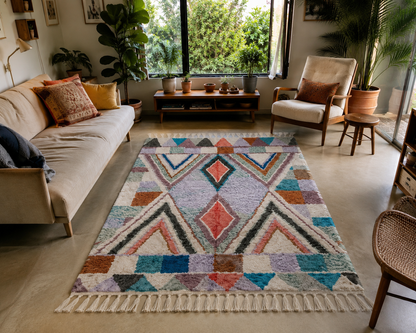 Tapis berbère Azilal à motifs losanges multicolores sur fond blanc crème, franges coton, vue de face
