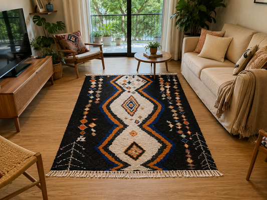 Tapis berbère Mrirt à médaillon zigzag noir et orange, franges, vue de face, fait main au Maroc