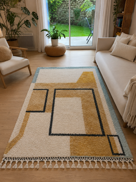 Tapis berbère Beni Ouarain géométrique moderne, design ocre, blanc et bleu, vue de face, fait main au Maroc