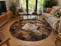 Tapis en Cuir Patchwork Rond Chocolat | Motifs Carrés Dégradé Concentrique