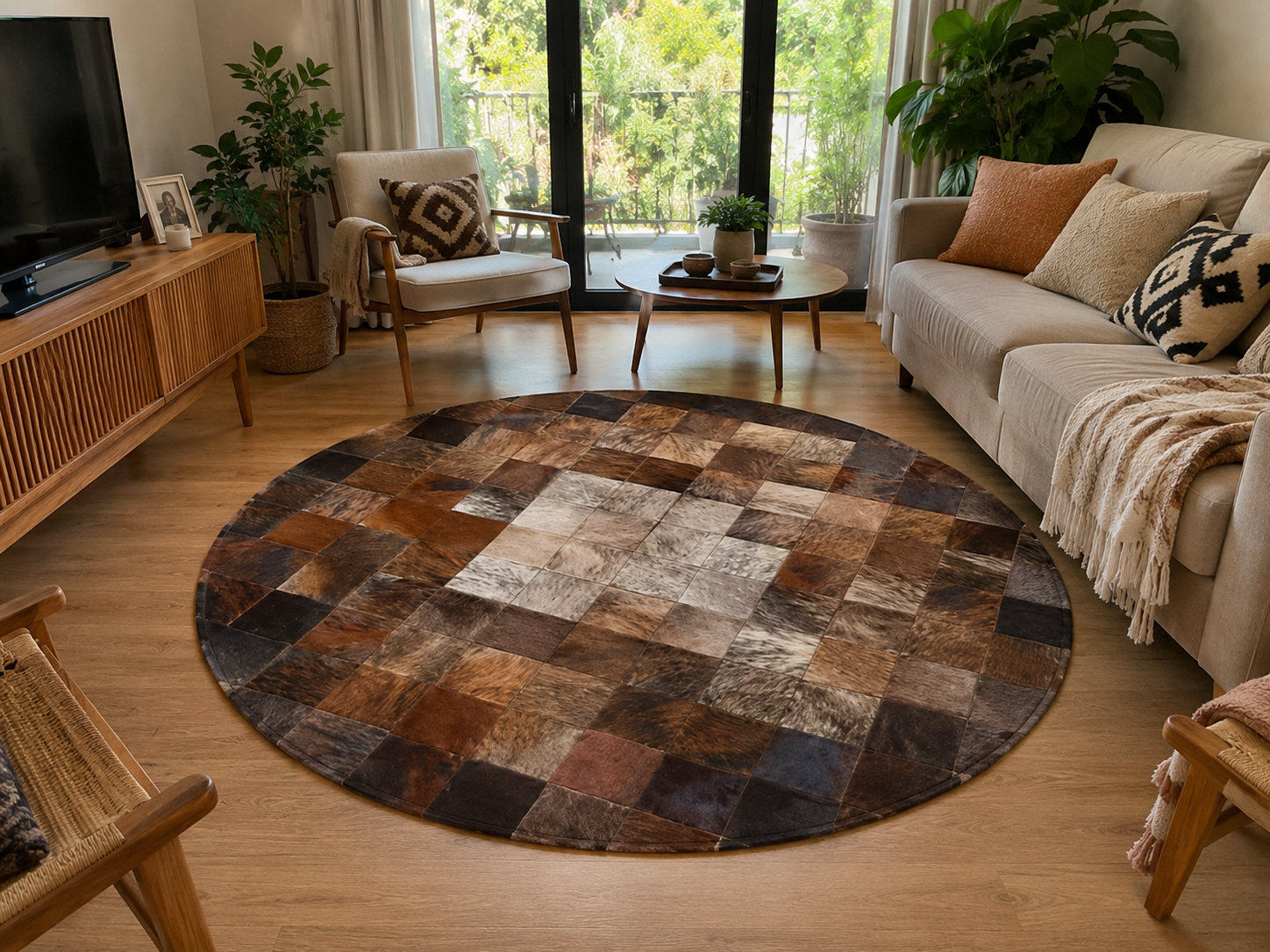 Tapis en cuir rond chocolat, patchwork à carreaux carrés en dégradé concentrique gris et marron, vue de dessus, fait main au Maroc
