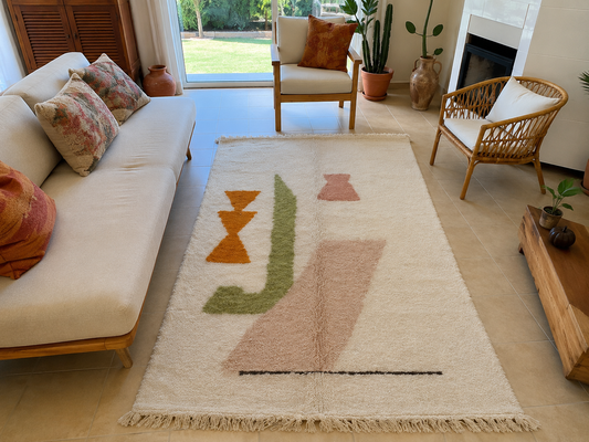Tapis berbère Beni Ouarain abstrait coloré à motifs terracotta, vert et rose sur fond ivoire, vue de face, fait main au Maroc