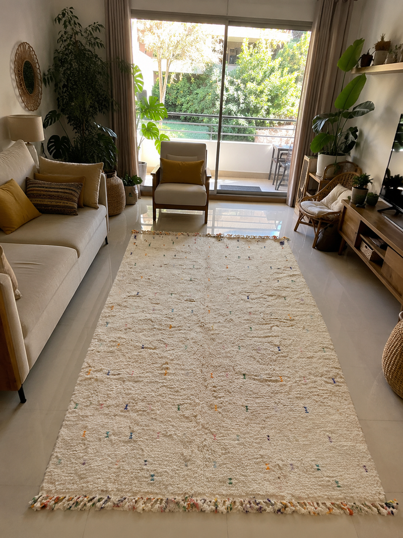 Tapis Azilal Blanc à Pois Colorés - Grand Tapis Berbère