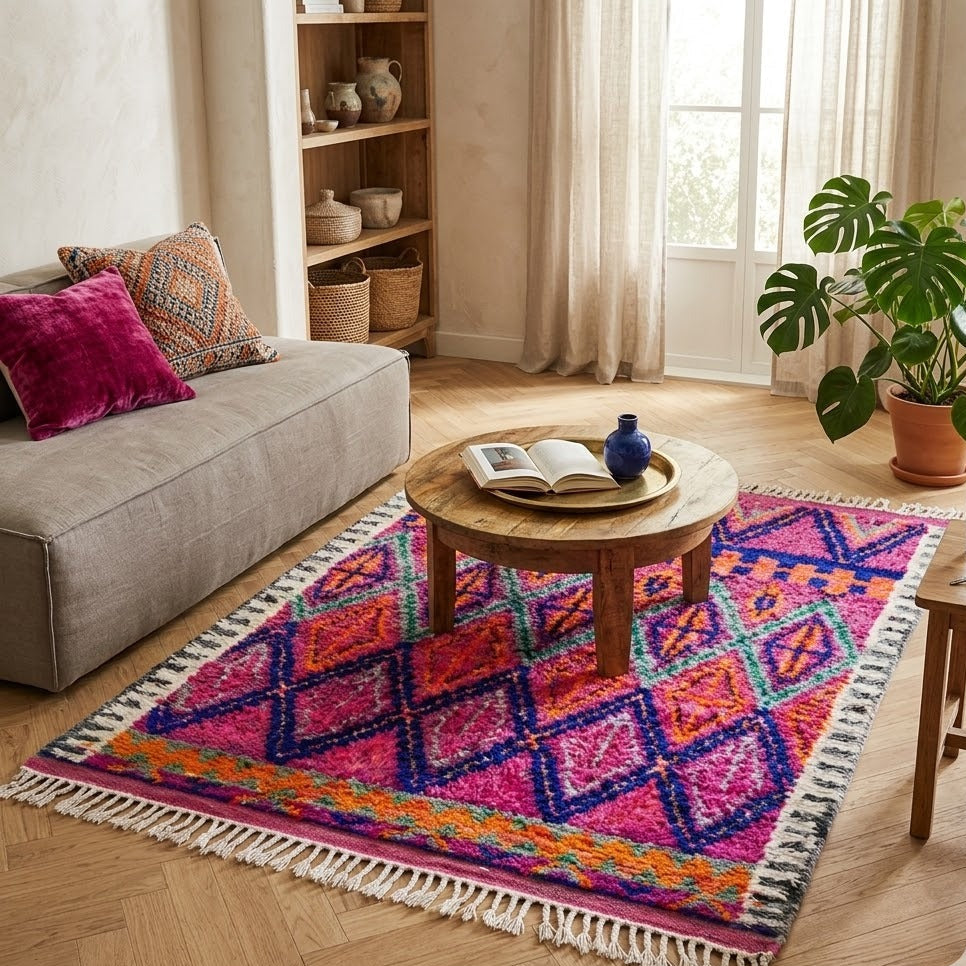 Tapis Berbère Mrirt rose fuchsia bleu marine losanges à franges ambiance salon – Berbère Tapis