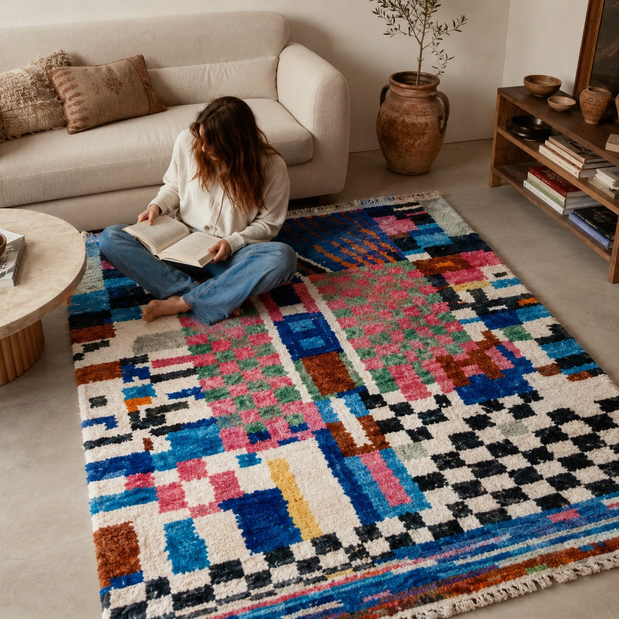 Tapis Boujad multicolore à franges en ambiance coin lecture salon – Berbère Tapis