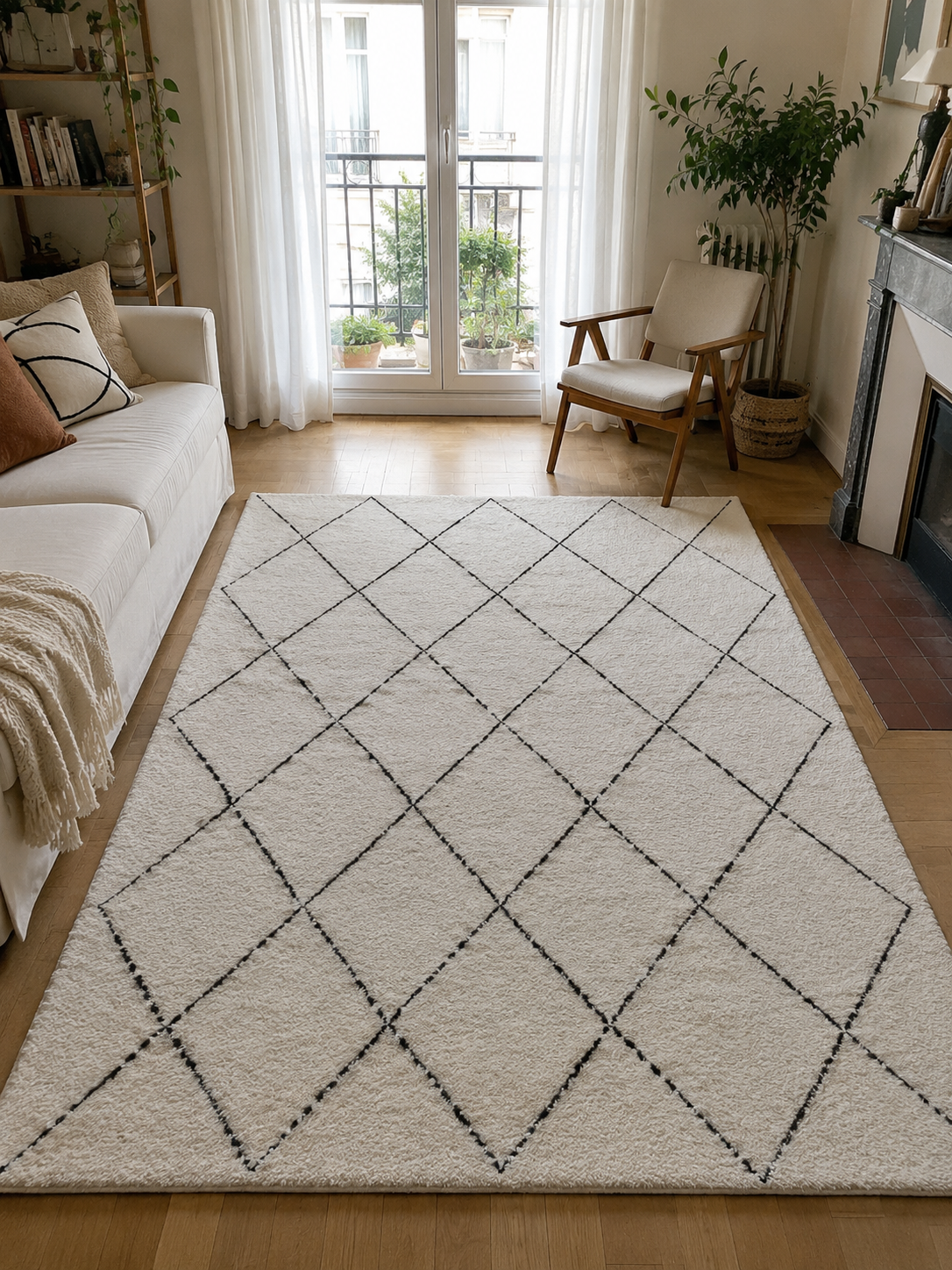 Tapis berbère Beni Ouarain blanc écru à résille de losanges noirs, longue pile touffetée, vue de face, fait main au Maroc