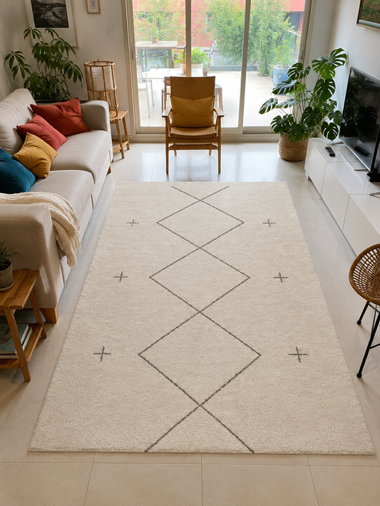 Tapis berbère Beni Ouarain écru à losanges et symboles croix gris, longue pile touffetée, vue de face, fait main au Maroc