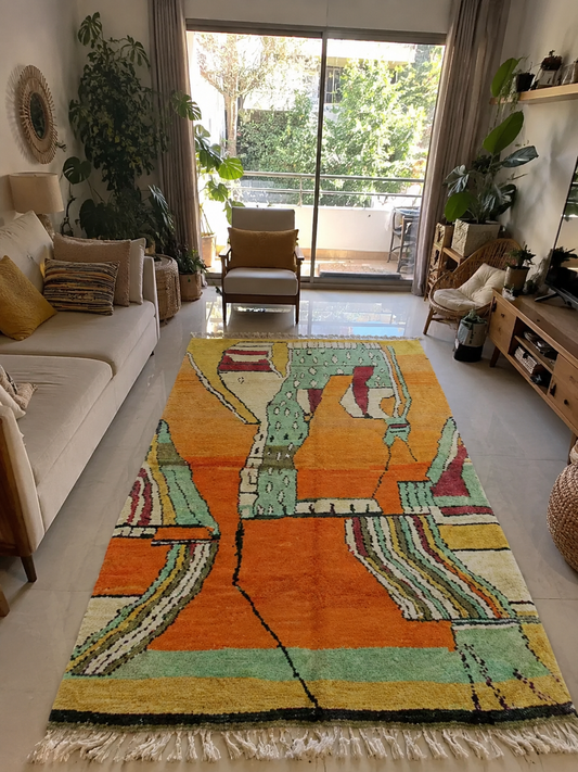 Tapis berbère Beni Ouarain coloré en laine à motifs abstraits multicolores, vue de face, fait main au Maroc